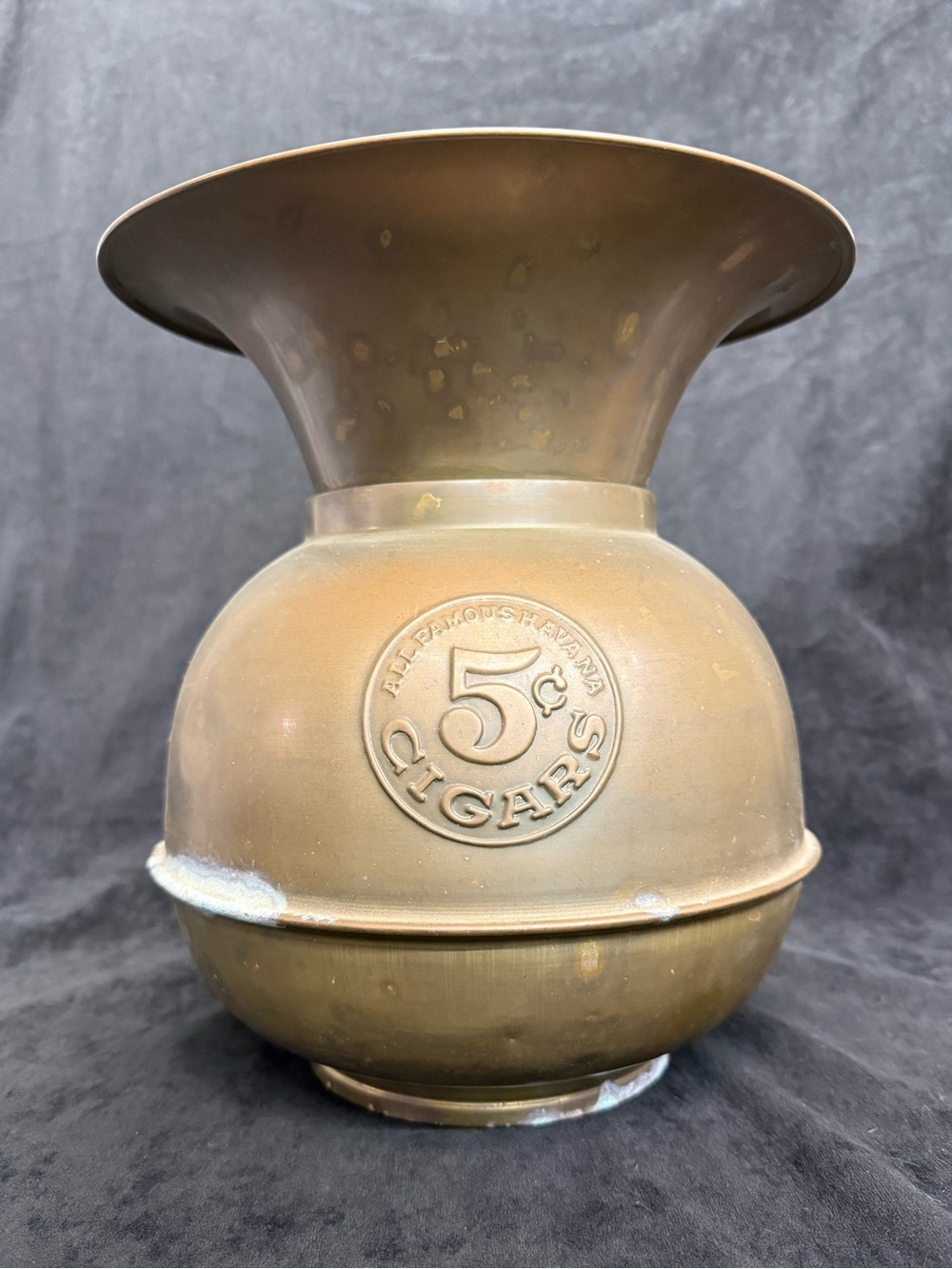 Vintage All Famous Havana 5¢ Cigars Solid Brass Spittoon-Weighted Base & Label